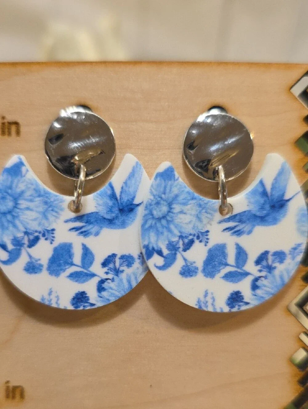 Handcrafted Blue Floral Half-Moon Drop Earrings